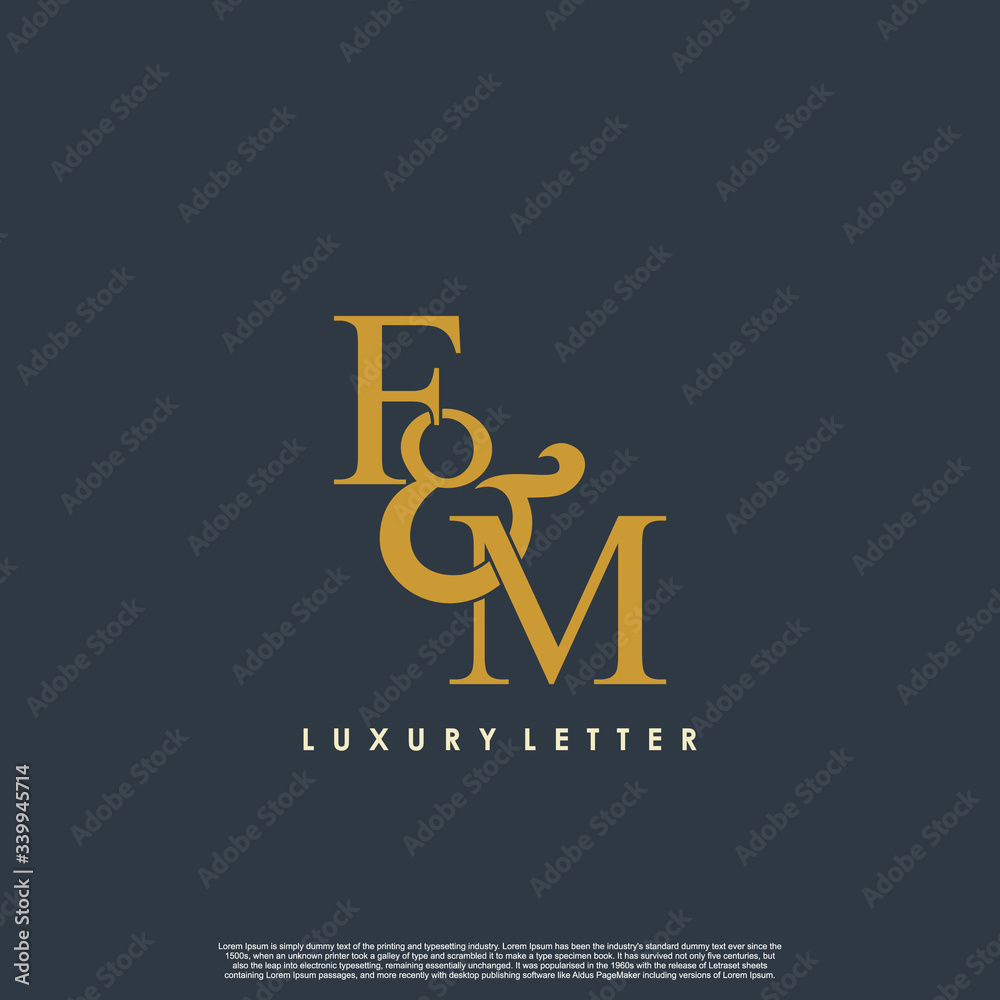 Initial letter F & M FM luxury art vector mark logo, gold color on black background. Initial letter F & M FM luxury art vector mark logo, gold color on black background.