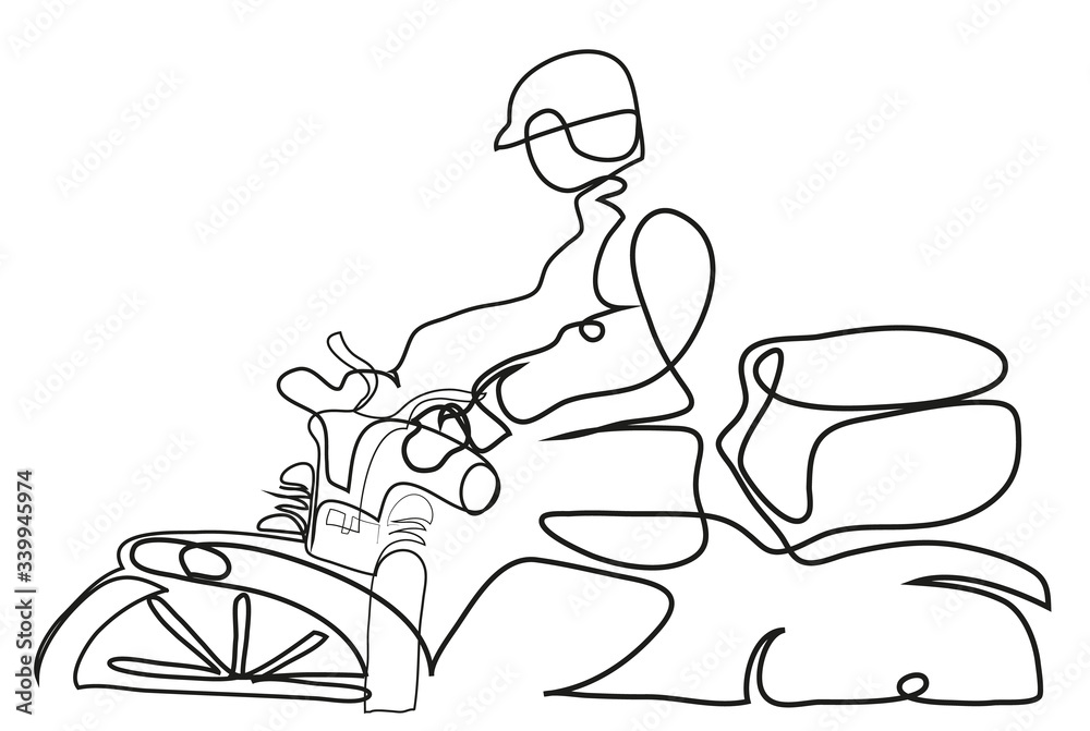 One continuous line drawing of  Delivery Man Ride Motorcycle.
illustration of delivery with motorbike.