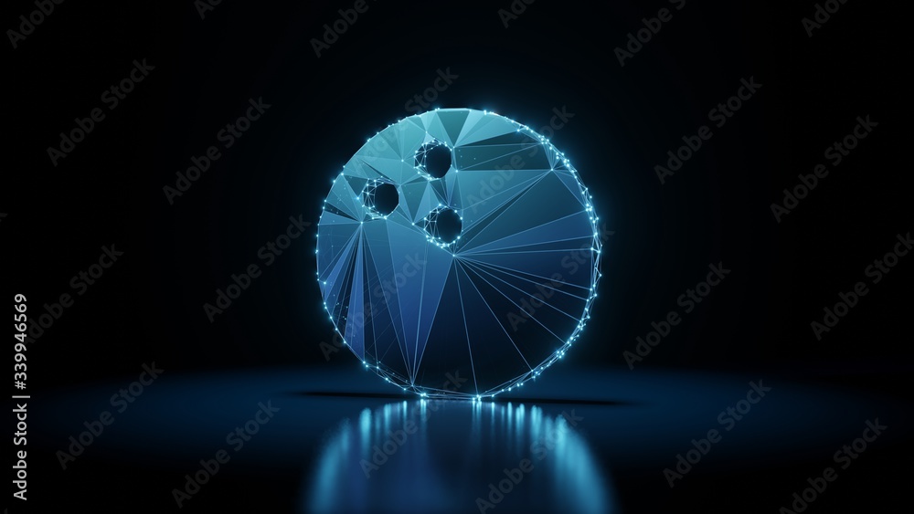 3d rendering wireframe neon glowing symbol of bowling ball on black background with reflection