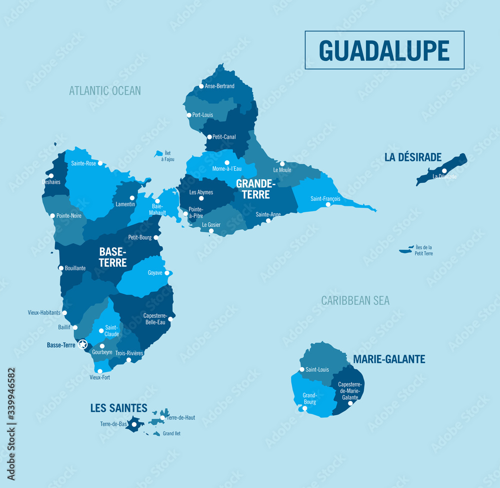 Guadalupe, Guadeloupe Island Country political map. Detailed vector