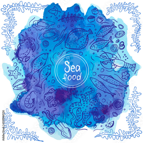 Set of doodle seafood on blue watercolor background. Vector illustration. Perfect for dessert menu or food package design.