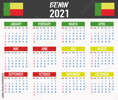 Benin Calendar with flag. Month, day, week. Simply flat design. Vector illustration background for desktop, business, reminder, planner