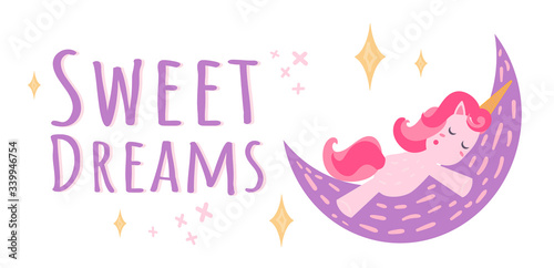 Vector horizontal banner of pink cute unicorn sleeping on a cloud and the text Sweet Dreams. Postcard printing, scrapbooking, print design, goods for mice. Clip art isolated on white background