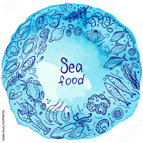 Doodle seafood on circle blue watercolor background. Vector illustration. Perfect for dessert menu or food package design.