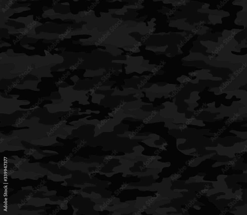
Black seamless camouflage for printing clothes, fabrics. Vector background. Stylish design. Ornament.
