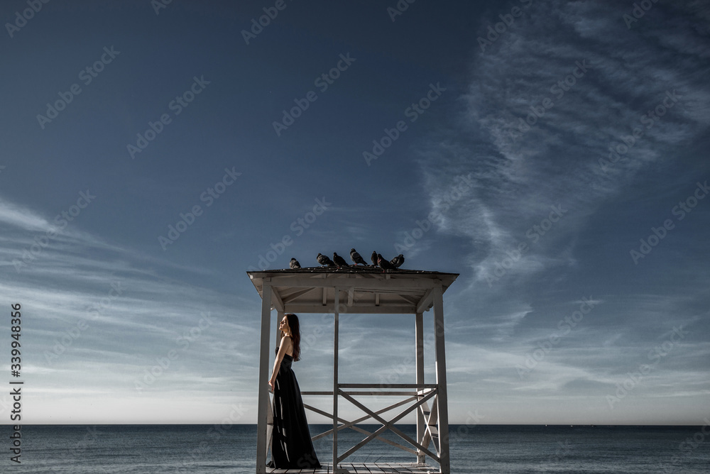 girl stands on the seashore in a black dress