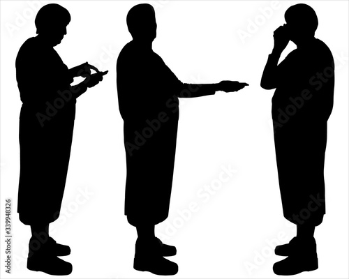 Older women with mobile phones, smartphones in their hands. Set of three black silhouettes isolated on a white background. Senior generation and technology. Grandmother with a gadget asks for help.