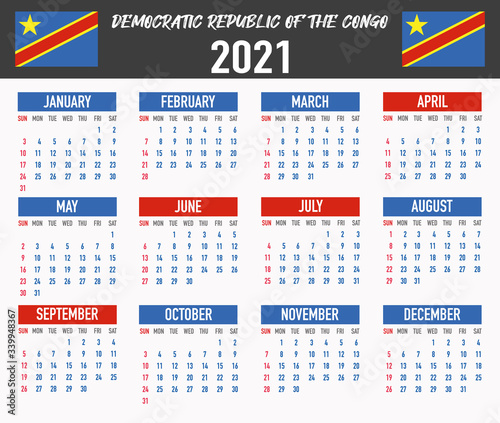 Democratic Republic of the Congo Calendar with flag. Month, day, week. Simply flat design. Vector illustration background for desktop, business, reminder, planner