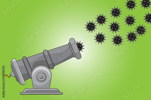 Viruses shot out from cannon. Cartoon cannon shooting coronavirus. Virus floating in air. Vector illustration of disease and medical concept.