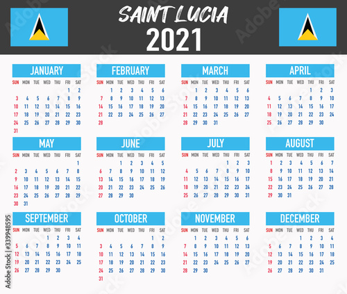 Sain Lucia Calendar with flag. Month  day  week. Simply flat design. Vector illustration background for desktop  business  reminder  planner