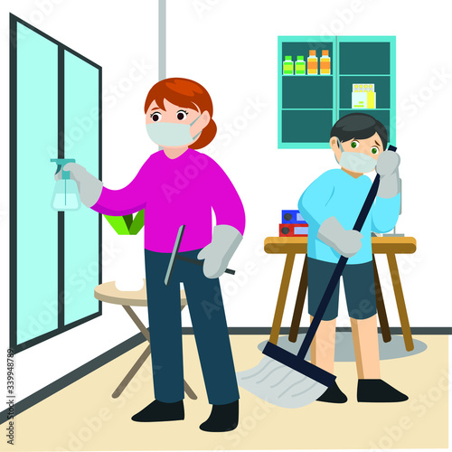 Mother and her son is cleaning up the home