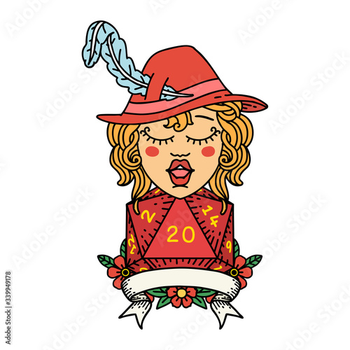 human bard character with natural 20 dice roll illustration