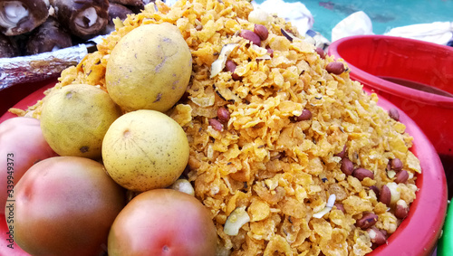 A street vendor selling a famous crispy snack - Churmura and namkeen bhujia photo