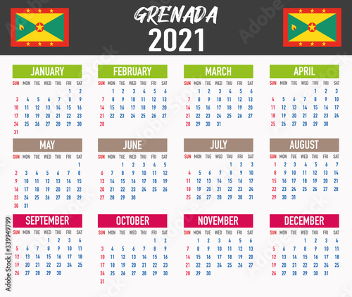 Grenada Calendar with flag. Month, day, week. Simply flat design. Vector illustration background for desktop, business, reminder, planner