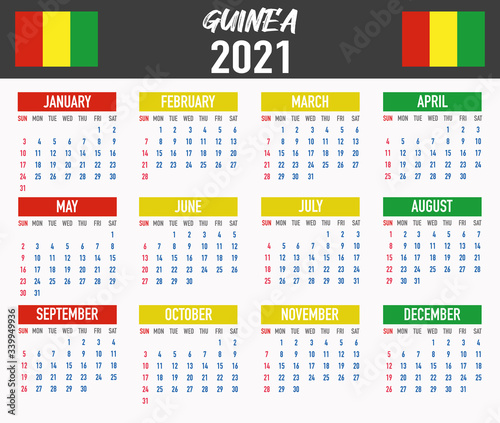 Guinea Calendar with flag. Month, day, week. Simply flat design. Vector illustration background for desktop, business, reminder, planner