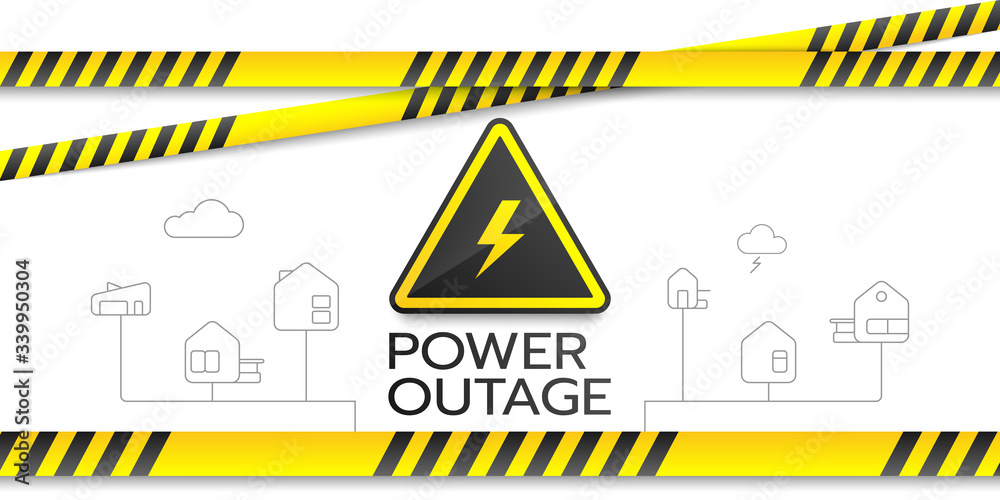 Φωτογραφία Power outage banner with a warning sign, safety tapes, and outline icons of houses are isolated on a white background