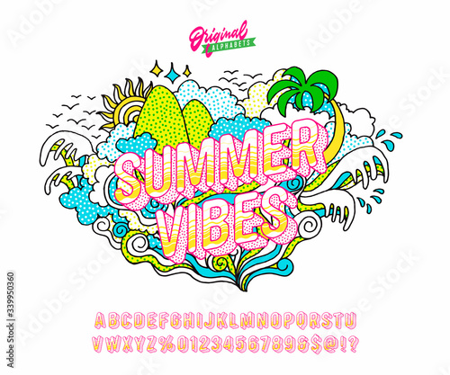 'Summer Vibes' Vintage Bright and Happy Sans Serif Hipster Alphabet. Retro Typography with Texture and Good Vibes. Vector Illustration.