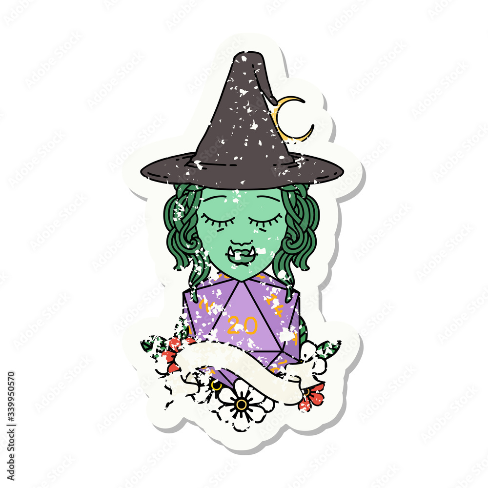 half orc witch character with natural twenty dice roll grunge sticker