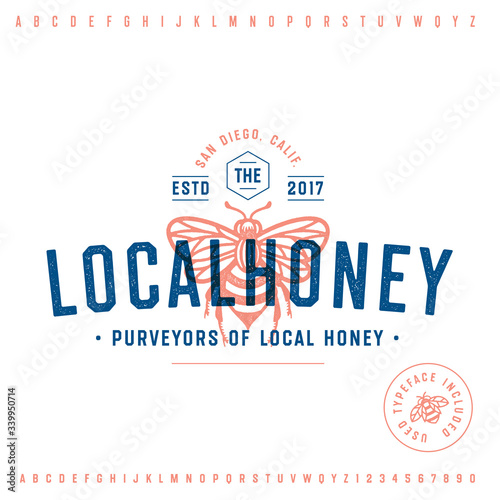 Honey Company Vintage Logo Emblem. Hand Made Honeybee Illustration. Purveyors Of Fine Honey. Vector Design. 