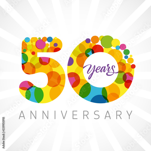 50 th anniversary numbers. 50 years old multicolored congrats. Cute congratulation concept. Isolated abstract graphic design template. Age digits. Up to 50%, -50% percent off discount. Decorative sign