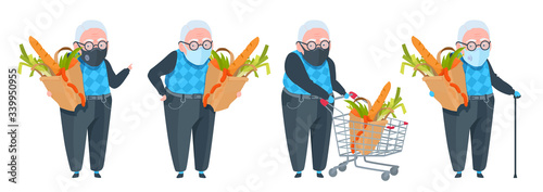 An elderly man safety shopping in a grocery store, wear a mask, gloves. Coronavirus protection. A senior adult holds a paper bag. Isolated cartoon character.