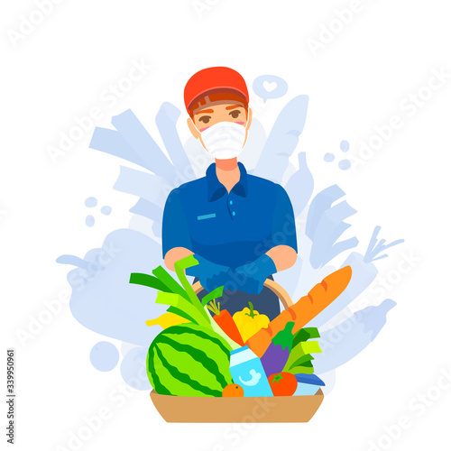 A delivery person holding a basket full of fresh food. Courier with groceries. The girl supermarket worker wears a mask, gloves. Coronavirus prevention.