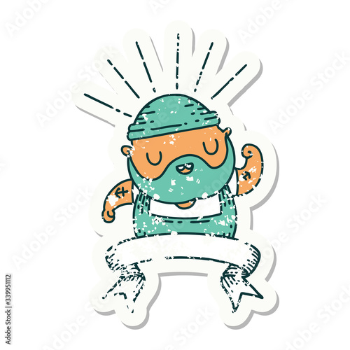 grunge sticker of tattoo style bearded man flexing bicep
