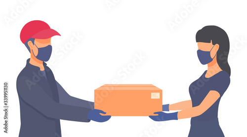 A courier delivered a box to a woman. People wear medical gloves and masks. Coronavirus prevention. Safety order delivery.