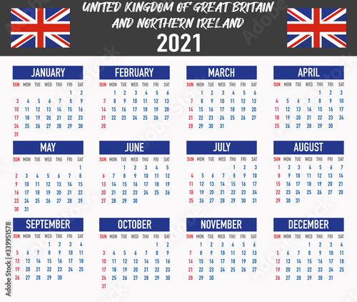 United Kingdom of Great Britain,England, UK Calendar with flag. Month, day, week. Simply flat design. Vector illustration background for desktop, business, reminder, planner