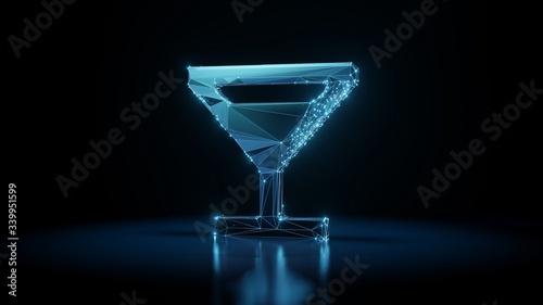 3d rendering wireframe neon glowing symbol of cocktail glass on black background with reflection