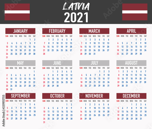 Latvia Calendar with flag. Month, day, week. Simply flat design. Vector illustration background for desktop, business, reminder, planner