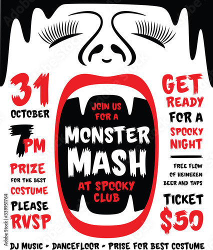 Monster Mash Hand Drawn Halloween Poster, Card, Invitation, Flyer Design. Vampire Face Vector Illustration. Holiday Halloween Party Banner. 