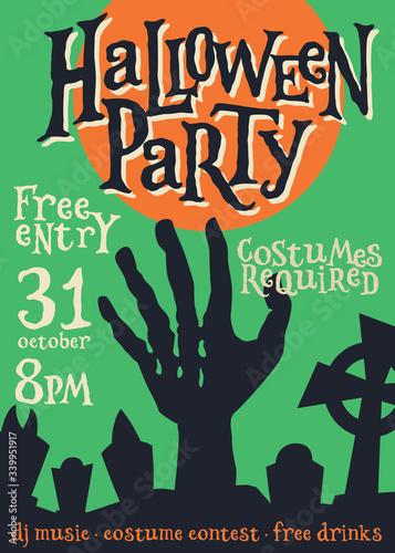 Halloween Holiday Party Poster. Vintage Spooky Zombie Flyer. Halloween Invitation Card. Vector Illustration.