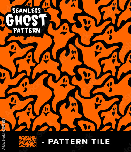 Vintage Black and White Ghost Seamless Pattern Surface Design with Isolated Pattern Tile. Vector Illustration. 