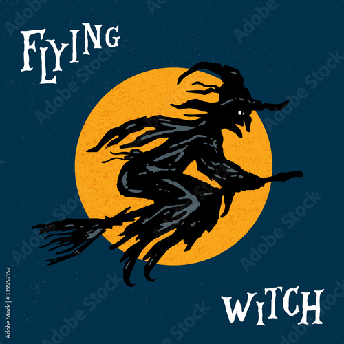 Vintage Vector Illustration of a Witch flying on a broom. 