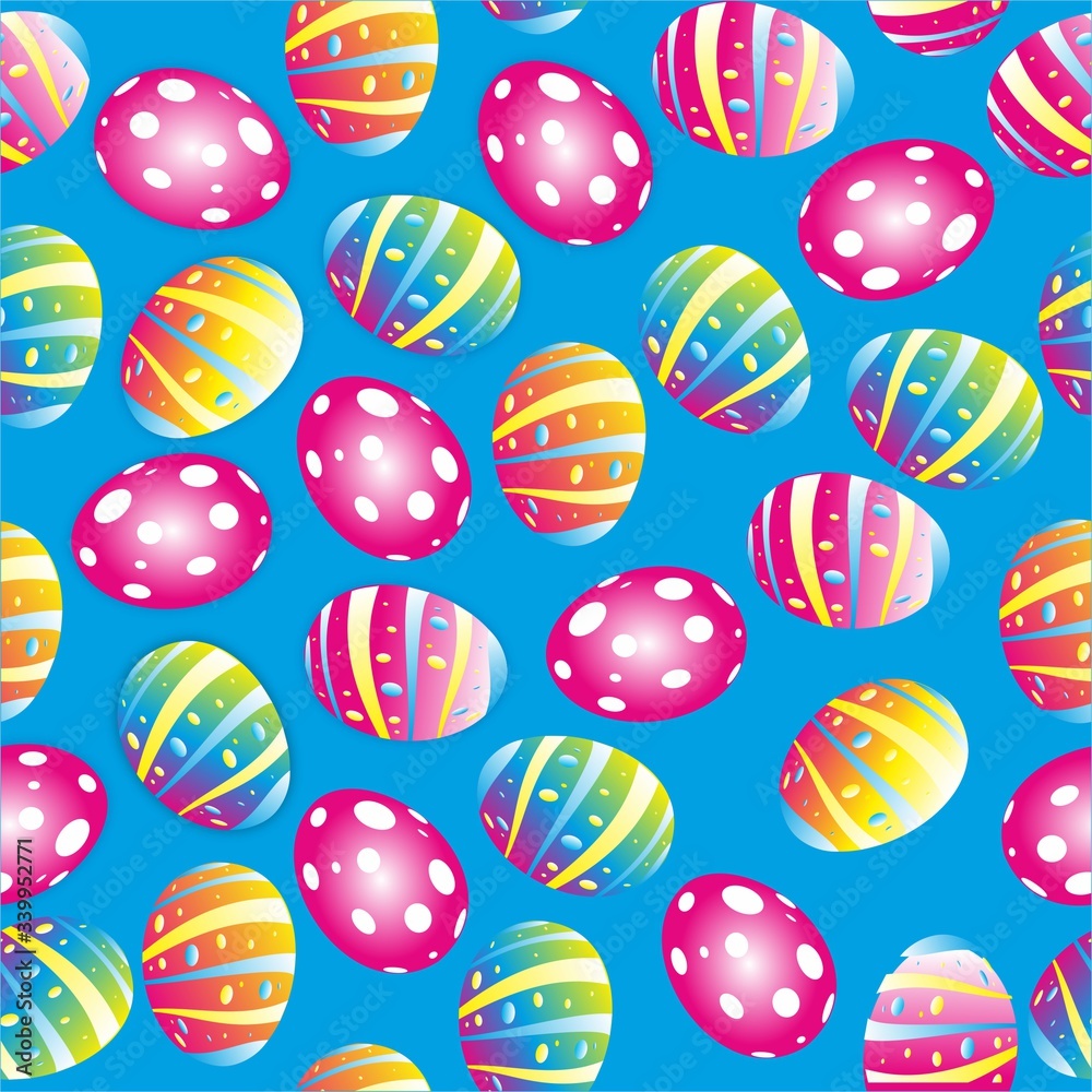 Seamless easter illustration shows colored eggs with patterns on a blue 