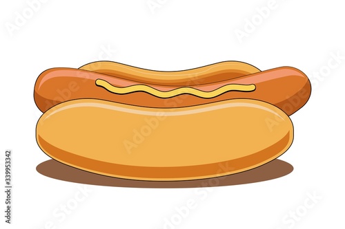 Fototapeta Naklejka Na Ścianę i Meble -  Hotdog, hot-dog with mustard isolated on white background stock illustration. Graphic clipart of fast food. For promotion, advertising, menus