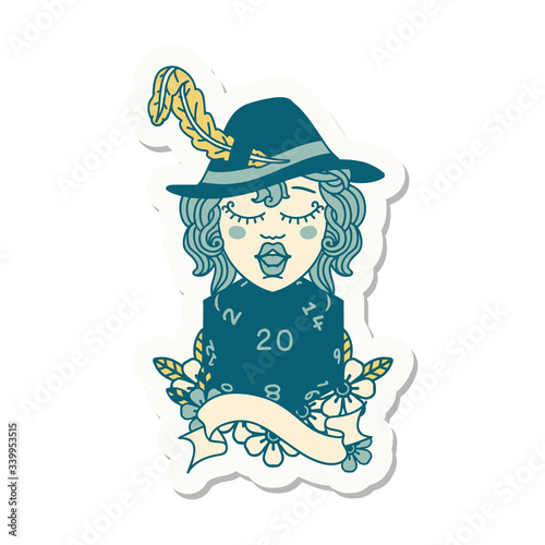 human bard with natural twenty dice roll sticker