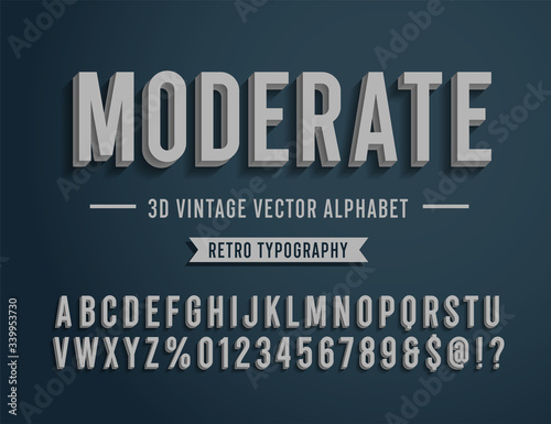'Moderate' Vintage 3D Sans Serif Condensed Alphabet. Retro Typography. Vector Illustration.