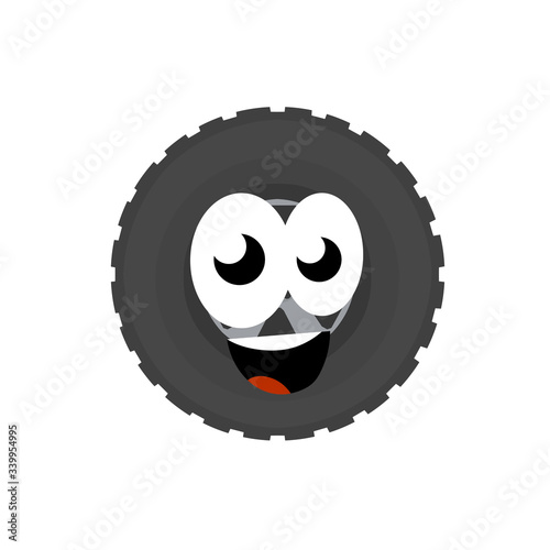 Automobile tire. Detail of wheels of car. Mascot tire service. smile and eyes of round black character. Repair and maintenance. Cartoon flat illustration