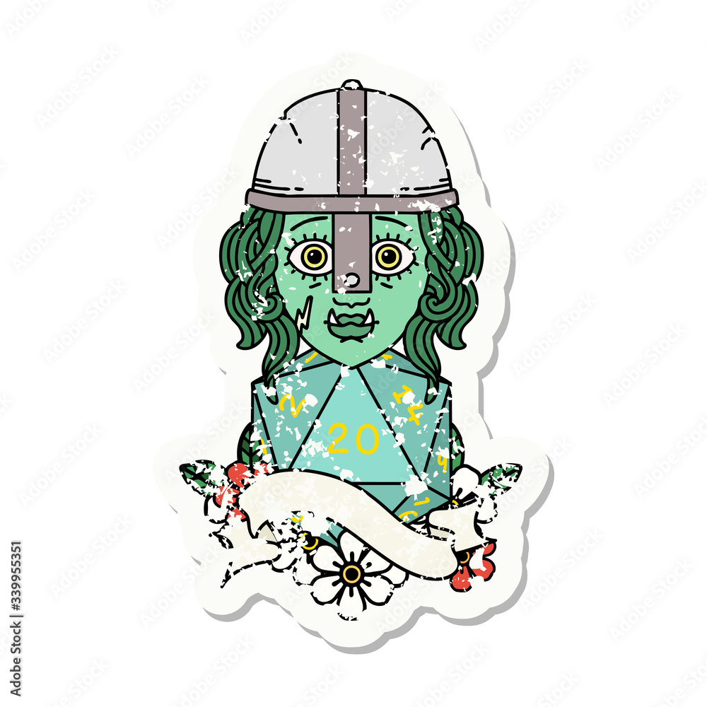half orc fighter character with natural 20 dice roll grunge sticker