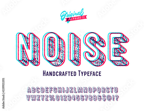 'Noise' Vintage Sans Serif Distorted Rounded Alphabet. Retro Typography Font with Glitch Effect. Vector Illustration.