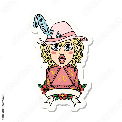 elf bard with natural twenty dice roll sticker