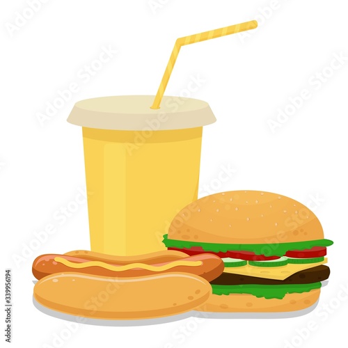 Bright, colorful hot dog, hamburger, cup with soda stock vector illustration isolated on white background. Graphic composition with fast food. For promotion, advertising, menu