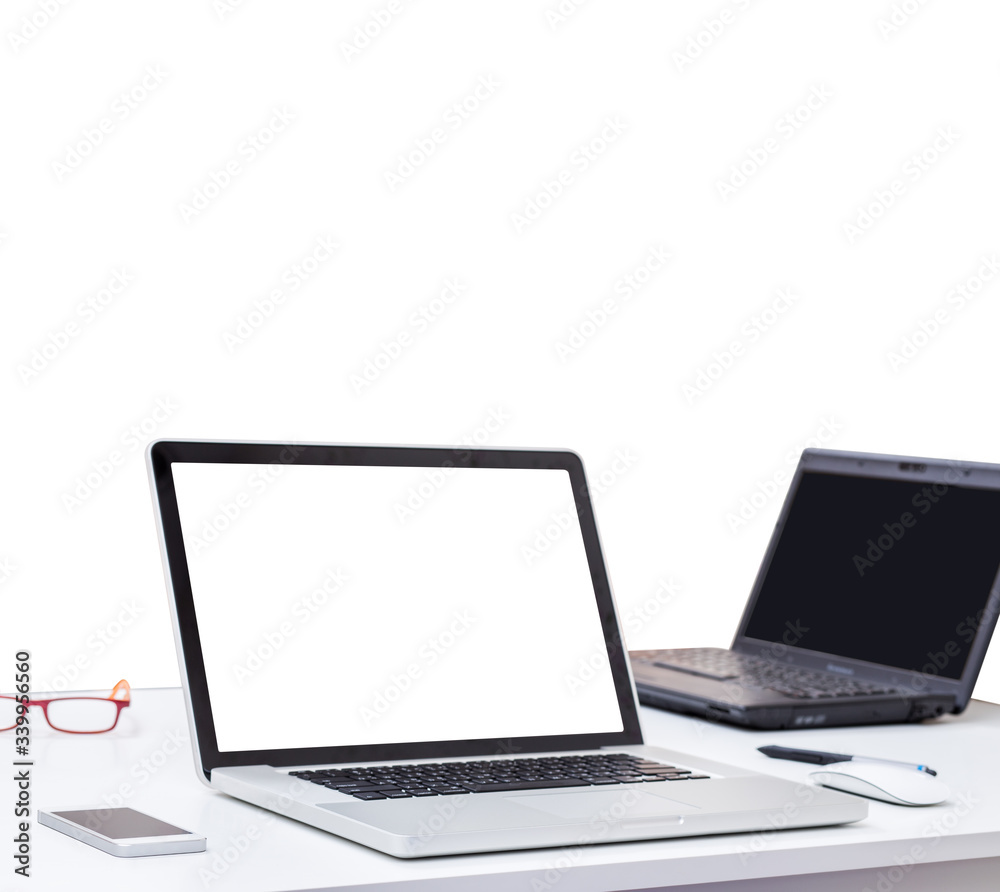 Laptop computer on desk with isolated screen for mockup. business and