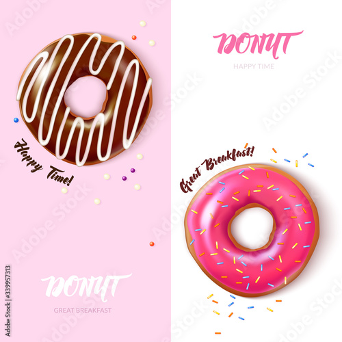 Vertical banners with realistic donuts with sprinkles and bright glaze. Chocolate and raspberry donuts on a light background top view. Realistic vector illustration.