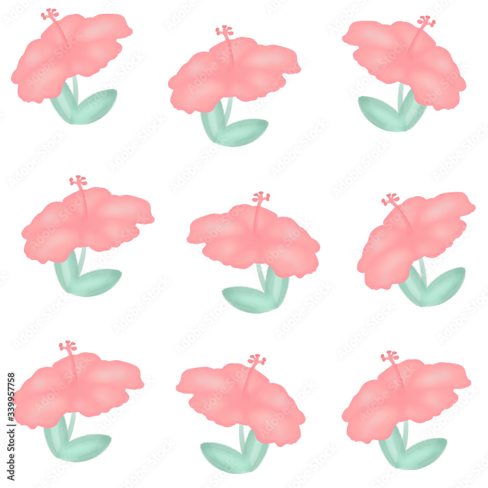 Hand drawn watercolour pink hibiscus seamless pattern background illustration