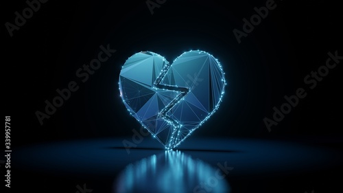 3d rendering wireframe neon glowing symbol of dislike on black background with reflection