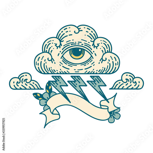 tattoo with banner of an all seeing eye cloud