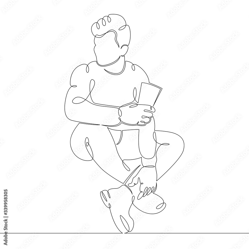 One continuous drawing line Young man drinks hot coffee